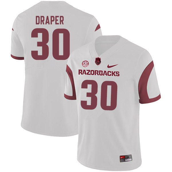 Men #30 Levi Draper Arkansas Razorbacks College Football Jerseys Sale-White